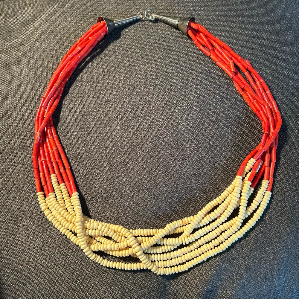 Vintage 1990’s Statement Necklace Pewter/Wood Coral And Cream